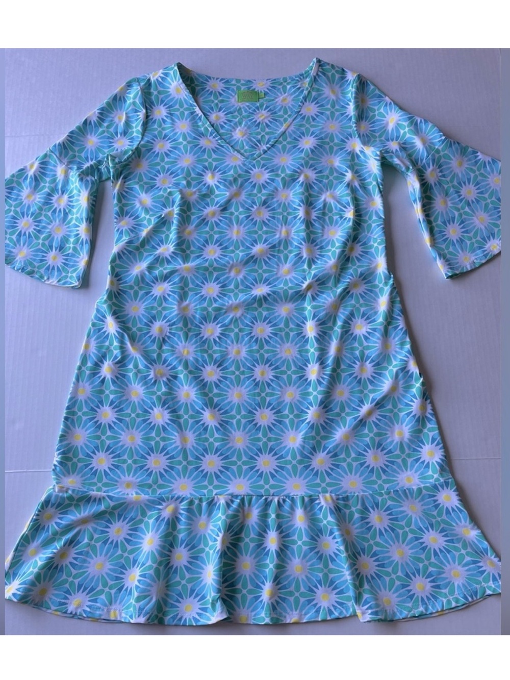Katherine Way Green Blue Daisy Floral Printed Bell Sleeve Ruffle Midi Dress M